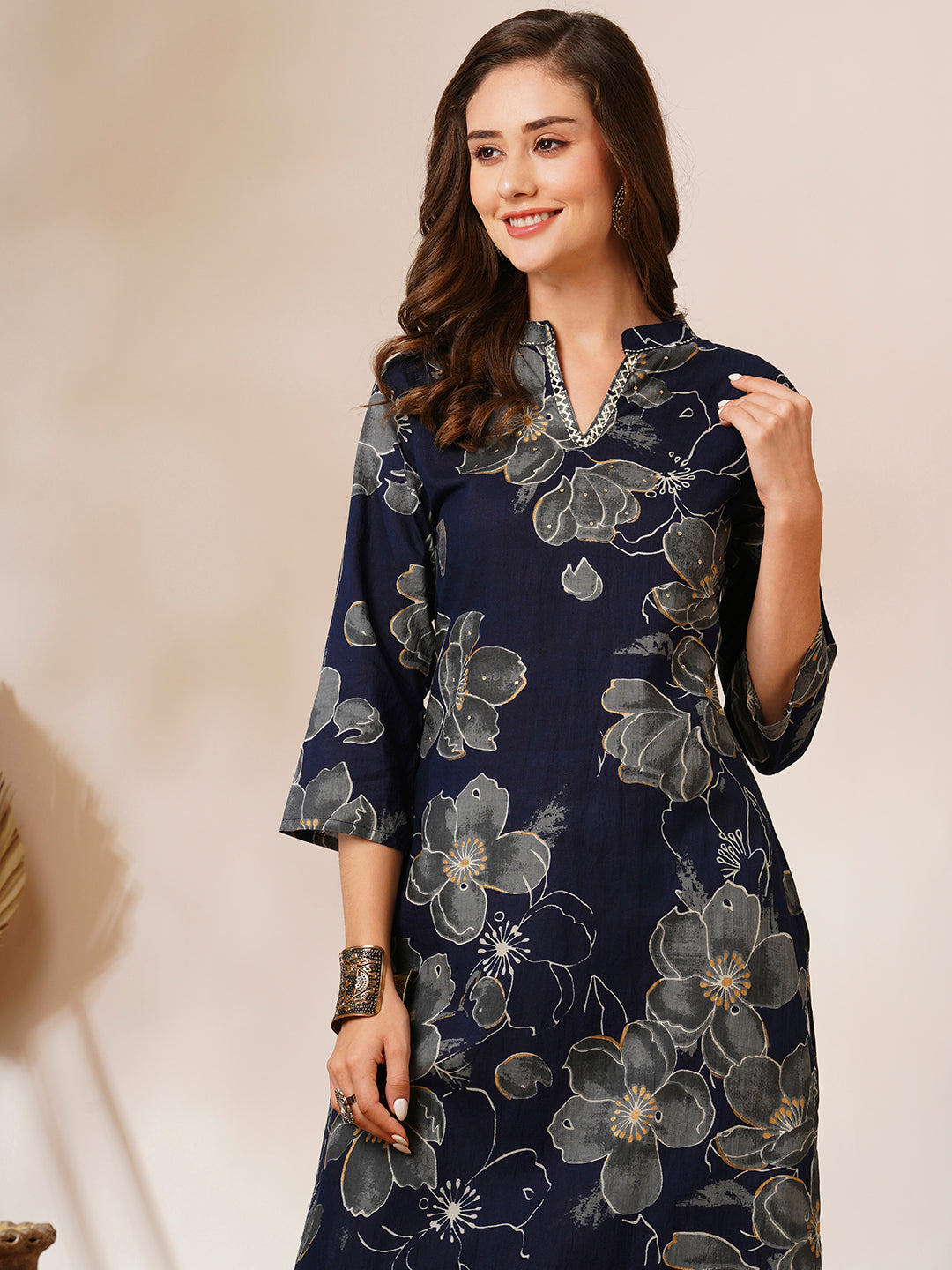 Abstract Floral Printed Straight Fit Kurta - Navy Blue