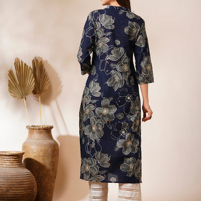 Abstract Floral Printed Straight Fit Kurta - Navy Blue