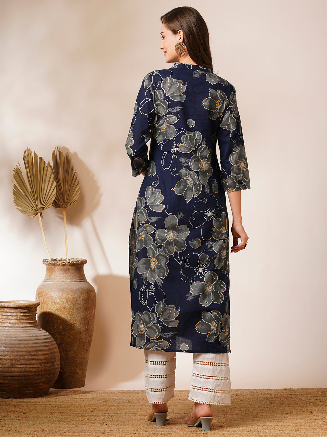 Abstract Floral Printed Straight Fit Kurta - Navy Blue