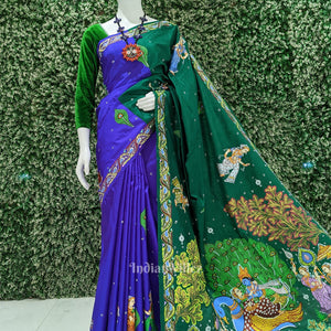 Green with Krishna Radha Theme Hand-Painted Pattachitra Saree