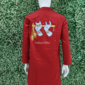 Maroon Radha Krishan Hand-Painted Pattachitra Kurta