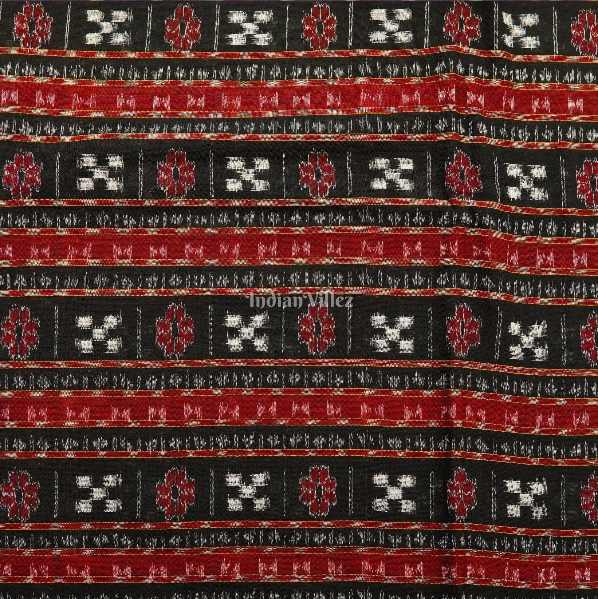 Black Red Pasapali Theme Sambalpuri Ikat Cotton Fabric