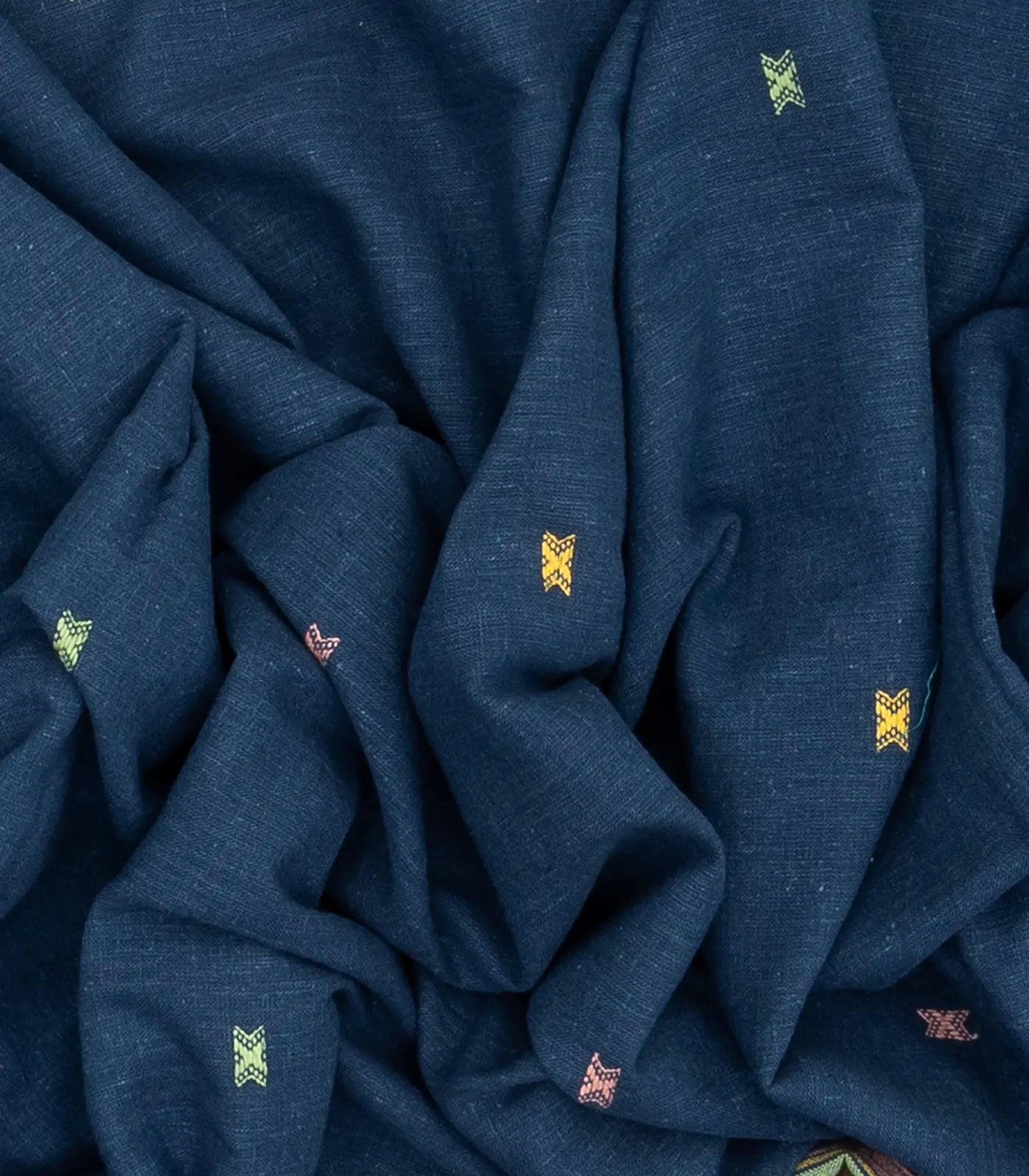 Navy Blue Handloom Bhujodi Cotton Saree With Cross Buttas