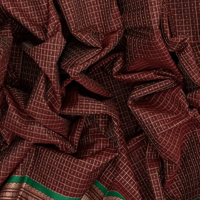 Maroon Handloom Kanchi Cotton Saree With Checks & Dots