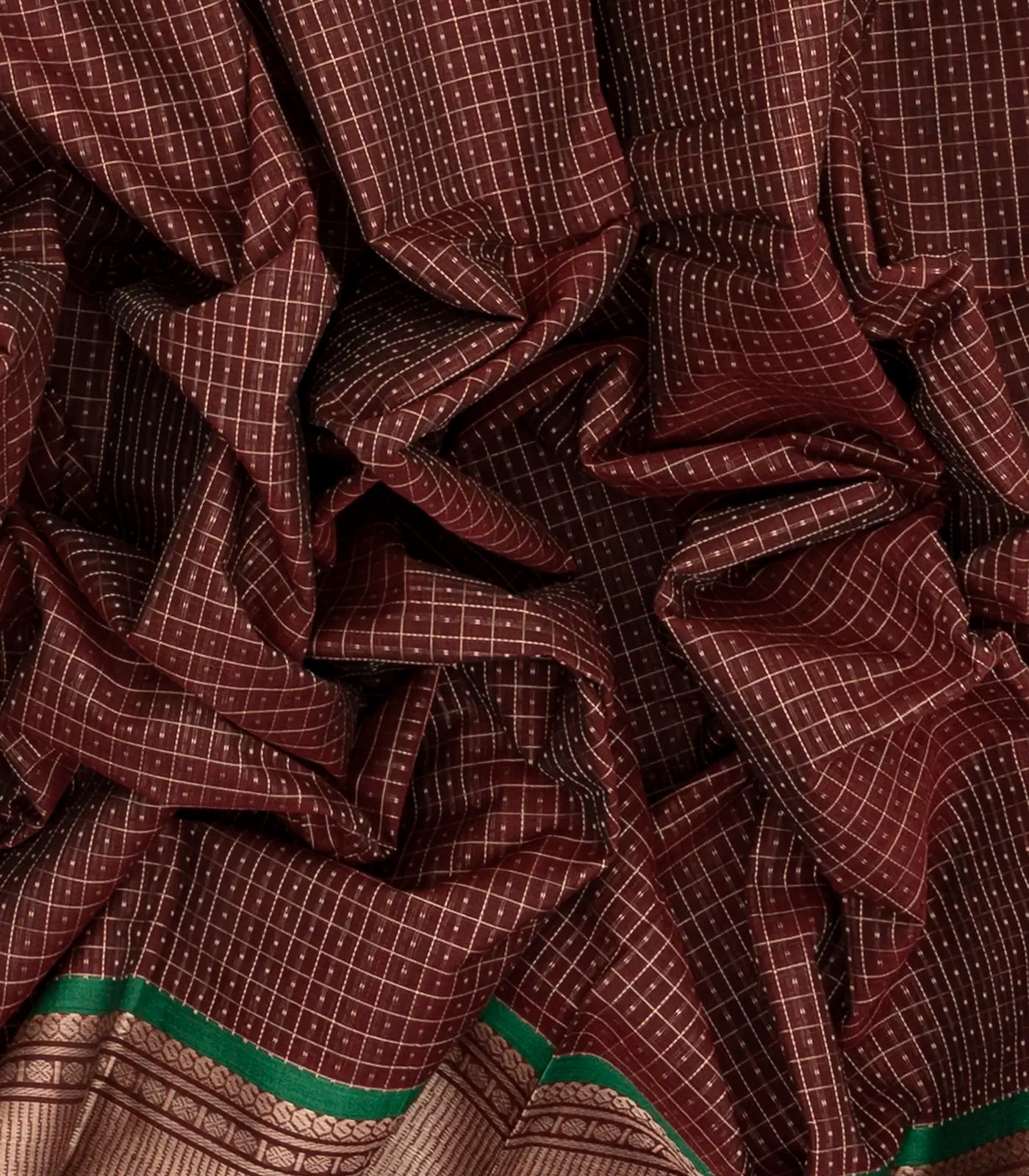 Maroon Handloom Kanchi Cotton Saree With Checks & Dots