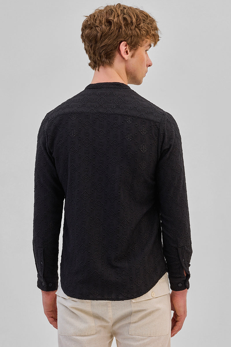 Black Mandarin Self-Design Shirt