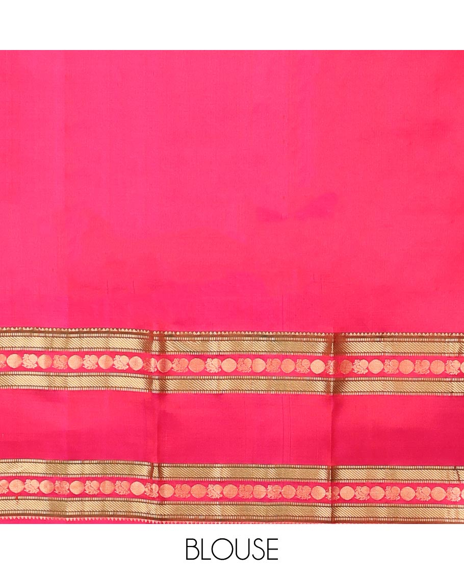 Purple zari buttas silk saree, contrast intricate pallu & rettai pettu border of rekku,Muthu,banaras & mayil poun