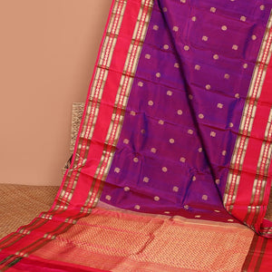 Purple zari buttas silk saree, contrast intricate pallu & rettai pettu border of rekku,Muthu,banaras & mayil poun