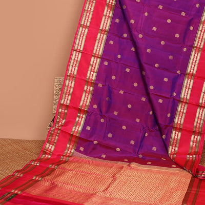 Purple zari buttas silk saree, contrast intricate pallu & rettai pettu border of rekku,Muthu,banaras & mayil poun
