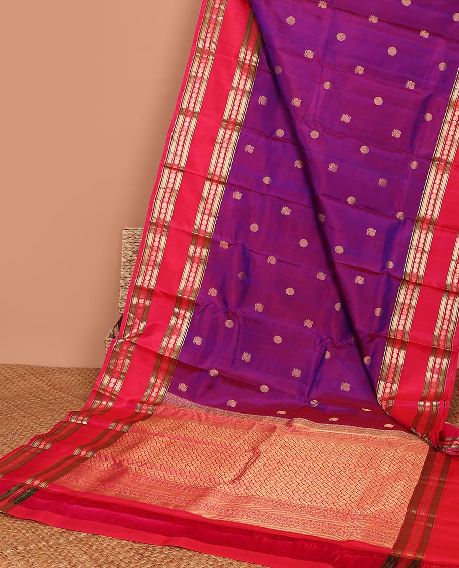 Purple zari buttas silk saree, contrast intricate pallu & rettai pettu border of rekku,Muthu,banaras & mayil poun