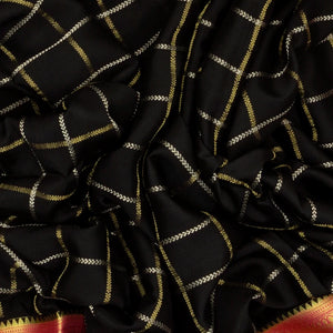 Black Mysore Crepe Silk Saree With Zari Checks & Contrast Border
