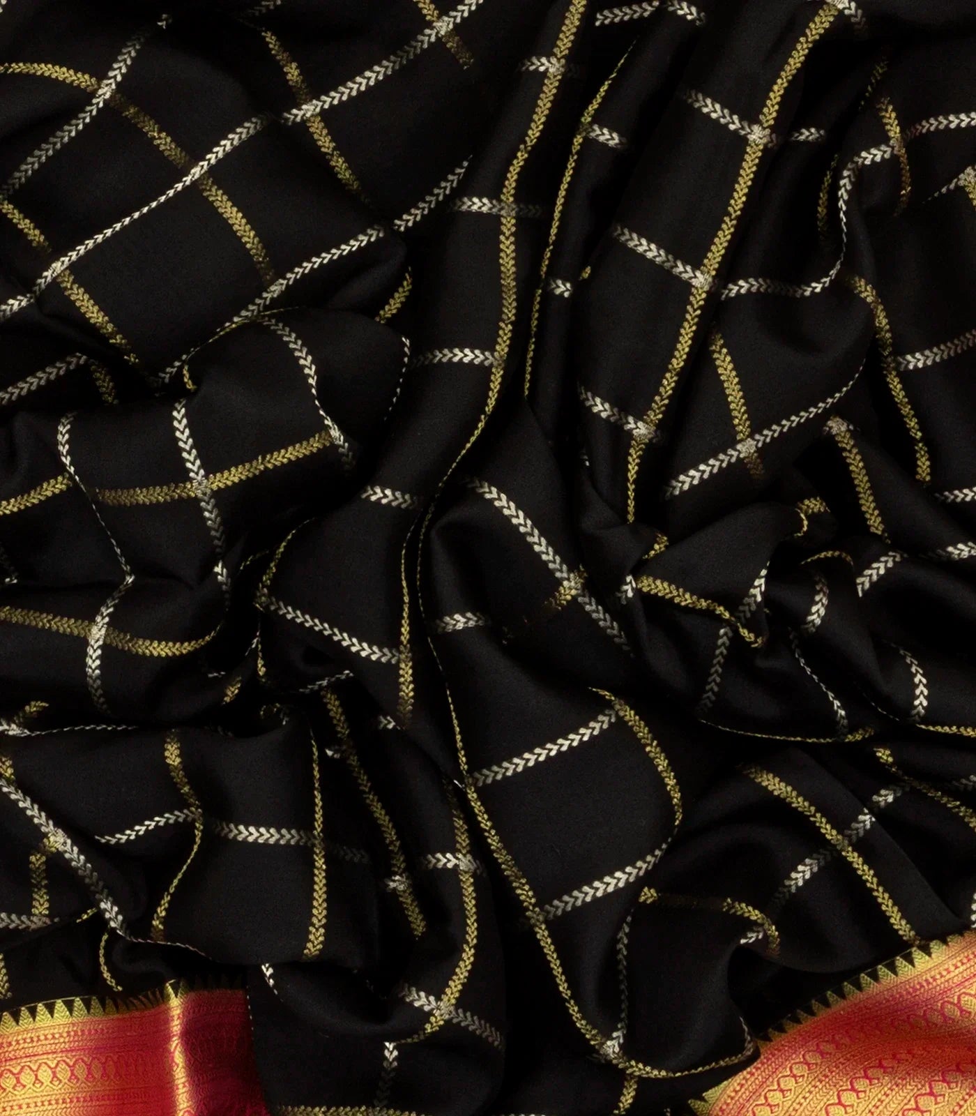 Black Mysore Crepe Silk Saree With Zari Checks & Contrast Border