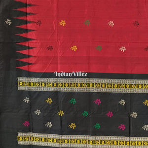 Black Red Floral Design Bomkai Silk Saree