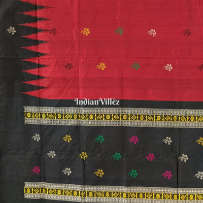 Black Red Floral Design Bomkai Silk Saree