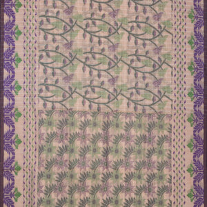 Light Peach Bengal Cotton Saree With Checks & Floral Motifs