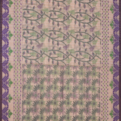 Light Peach Bengal Cotton Saree With Checks & Floral Motifs