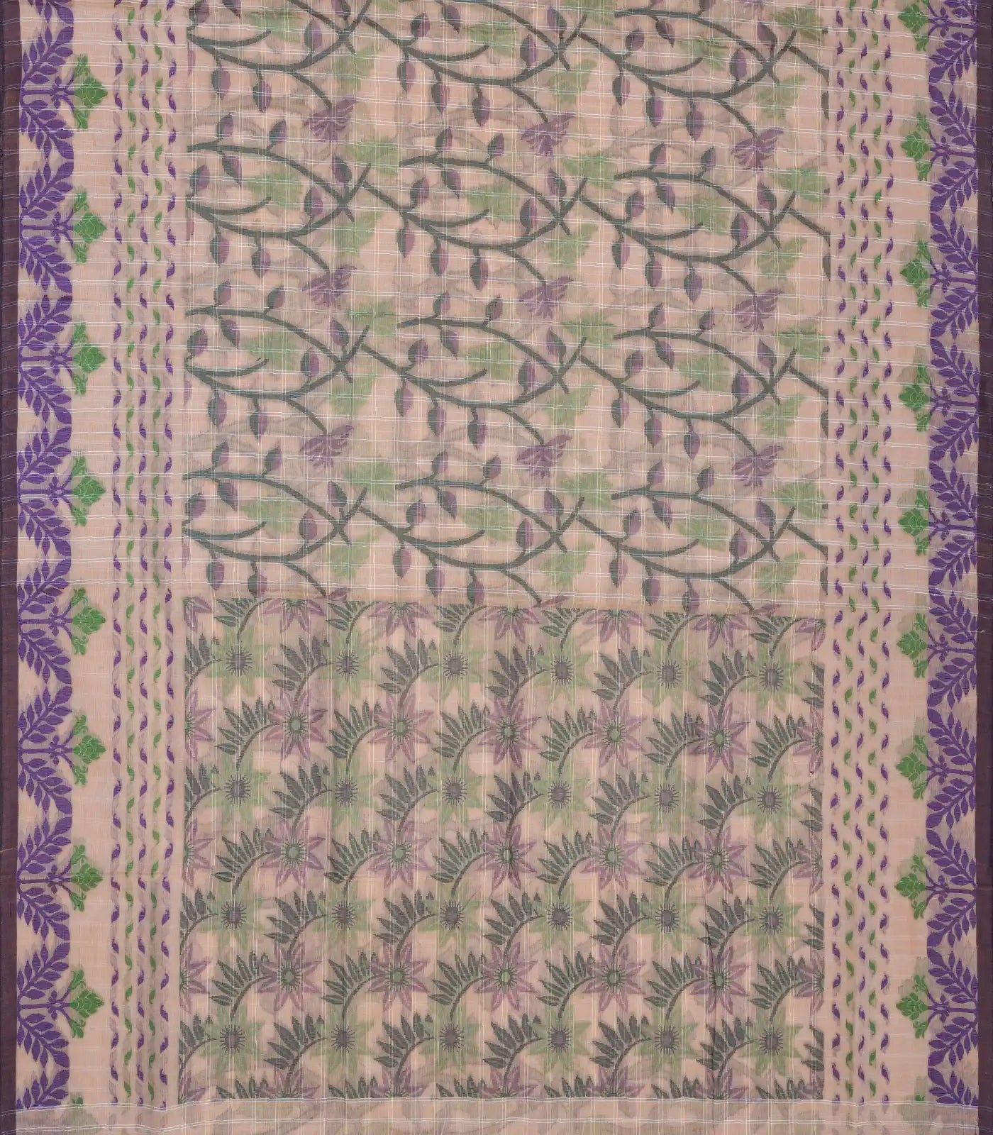 Light Peach Bengal Cotton Saree With Checks & Floral Motifs