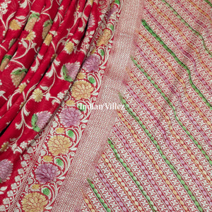 Red Flower Design Banarasi Khaddi Georgette Saree