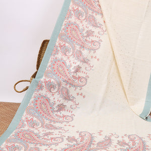 Cream mukesh work semi-banaras tussar saree with contrast plain border & paisley motifs pallu