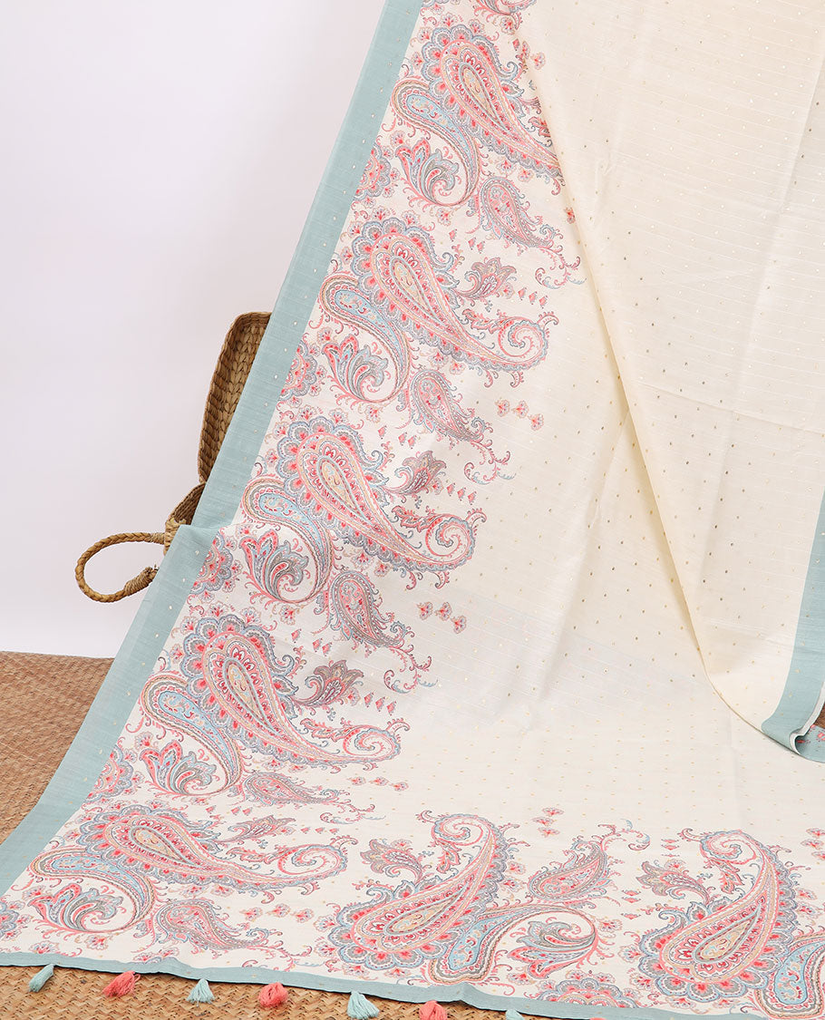 Cream mukesh work semi-banaras tussar saree with contrast plain border & paisley motifs pallu