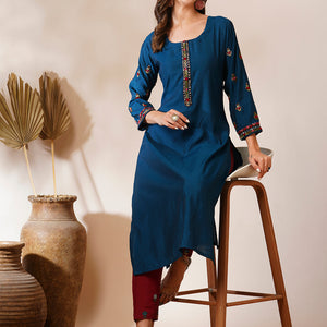 Solid Floral Hand Embroidered Straight Fit Kurta - Teal Blue
