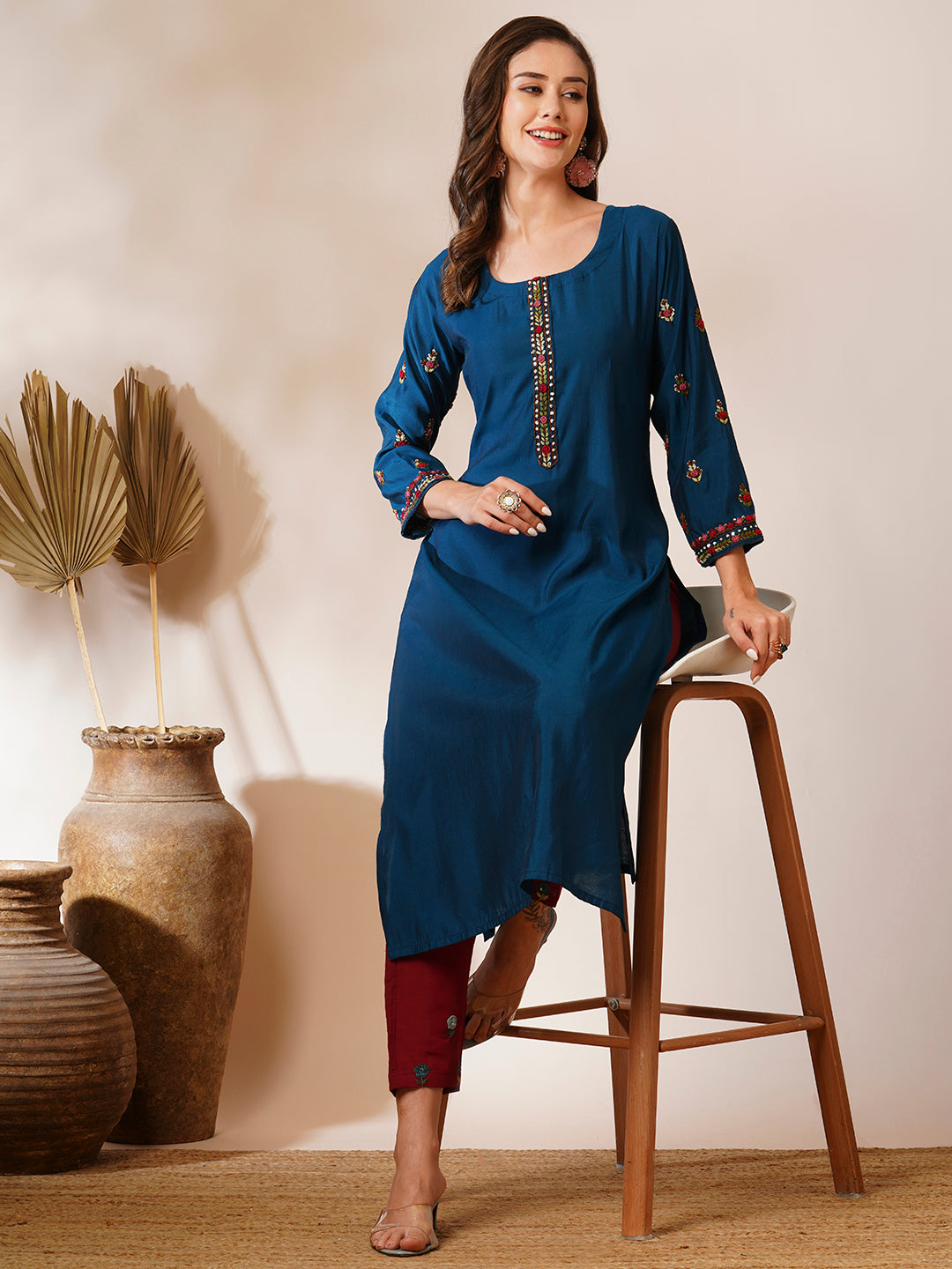 Solid Floral Hand Embroidered Straight Fit Kurta - Teal Blue