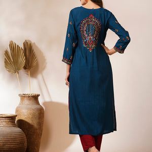 Solid Floral Hand Embroidered Straight Fit Kurta - Teal Blue