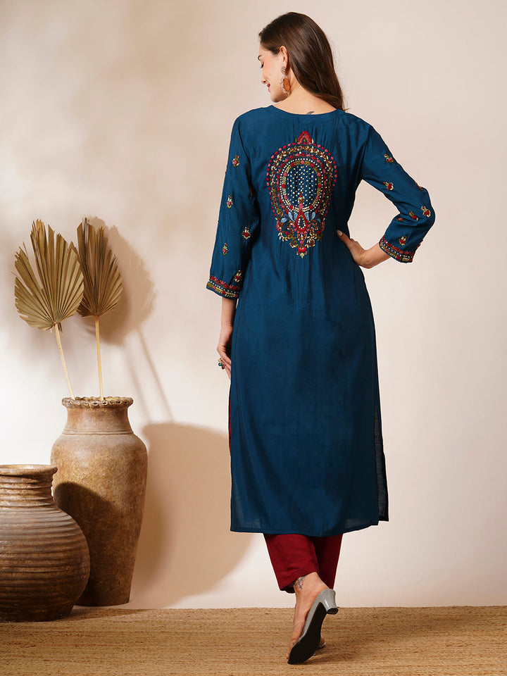 Solid Floral Hand Embroidered Straight Fit Kurta - Teal Blue