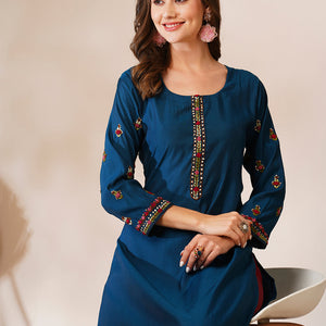 Solid Floral Hand Embroidered Straight Fit Kurta - Teal Blue