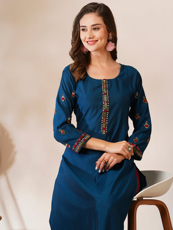 Solid Floral Hand Embroidered Straight Fit Kurta - Teal Blue