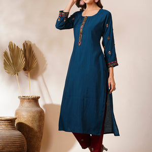 Solid Floral Hand Embroidered Straight Fit Kurta - Teal Blue