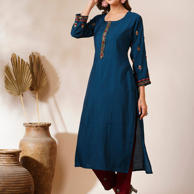 Solid Floral Hand Embroidered Straight Fit Kurta - Teal Blue