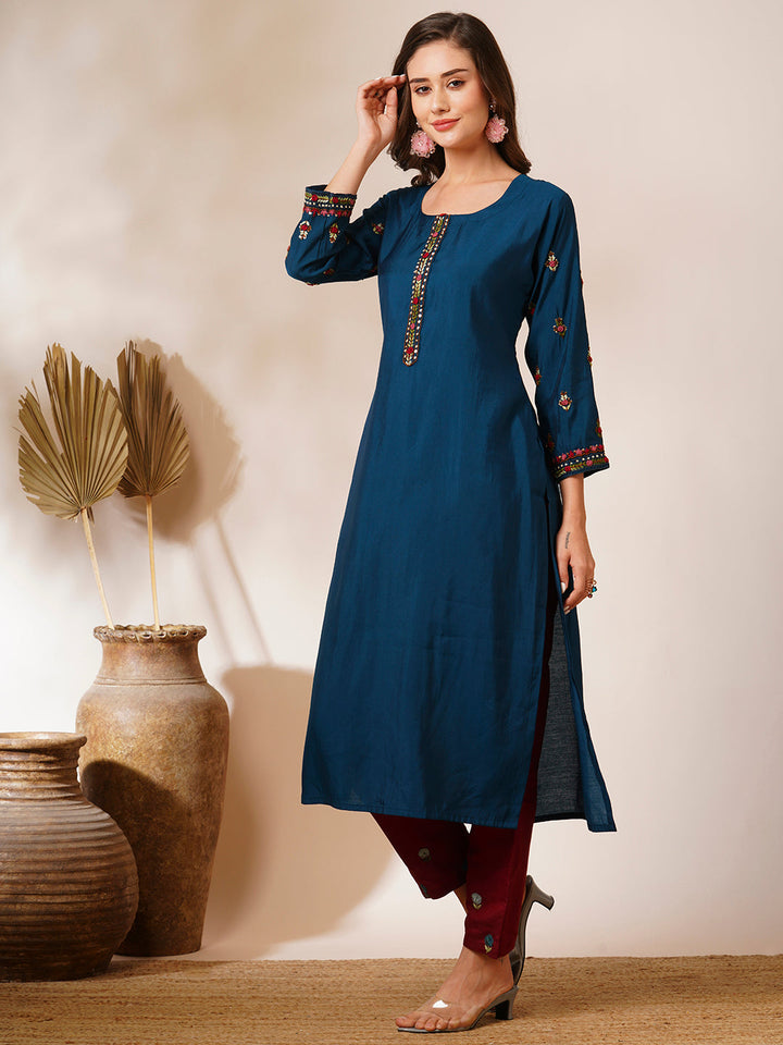 Solid Floral Hand Embroidered Straight Fit Kurta - Teal Blue