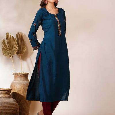 Solid Floral Hand Embroidered Straight Fit Kurta - Teal Blue