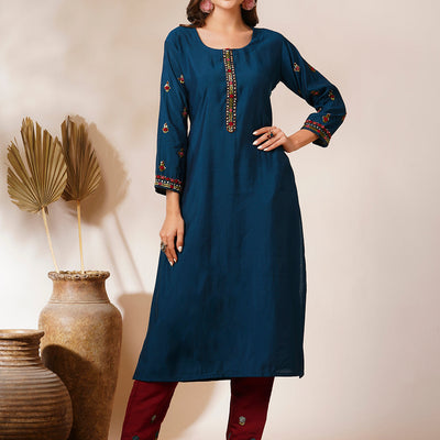 Solid Floral Hand Embroidered Straight Fit Kurta - Teal Blue