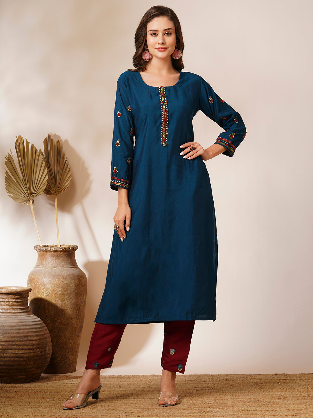 Solid Floral Hand Embroidered Straight Fit Kurta - Teal Blue