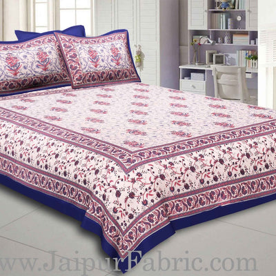 Blue Border With Cream Base With  Small Mughal Print Cotton Double Bedsheet With Pillow Cover