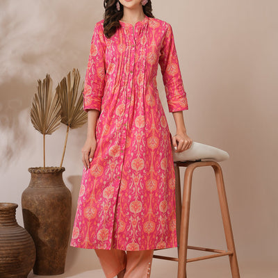 Ethnic Ikat Printed A-Line Pin Tucked Kurta - Pink