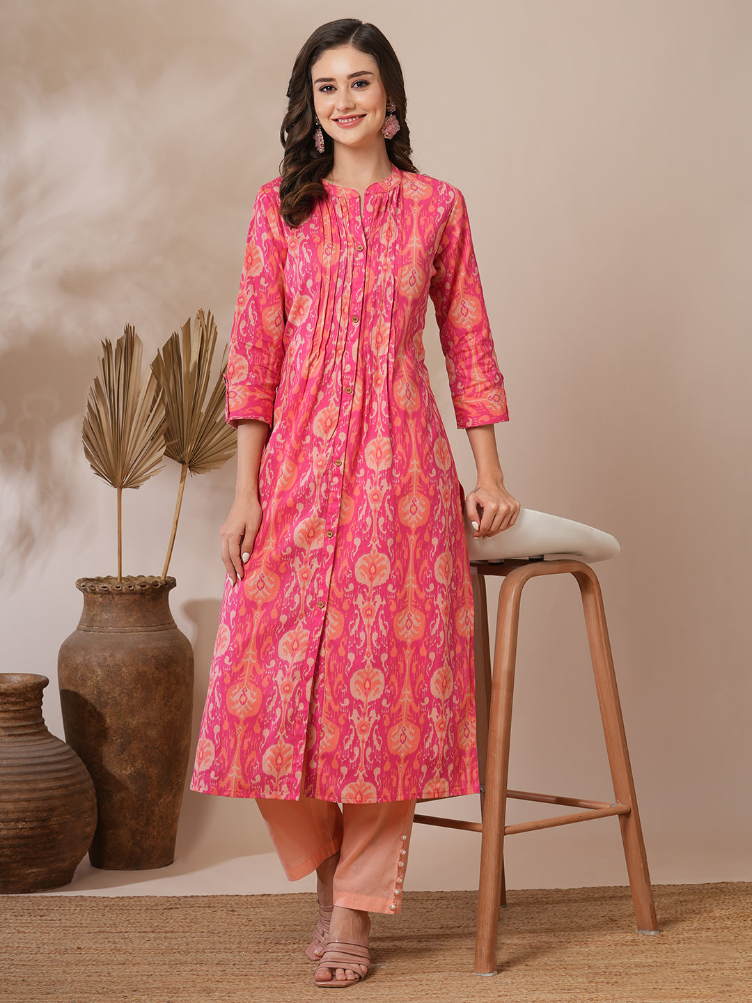 Ethnic Ikat Printed A-Line Pin Tucked Kurta - Pink