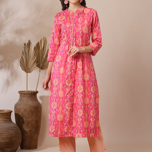 Ethnic Ikat Printed A-Line Pin Tucked Kurta - Pink