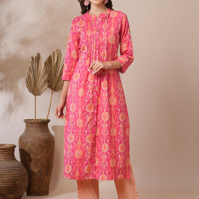 Ethnic Ikat Printed A-Line Pin Tucked Kurta - Pink