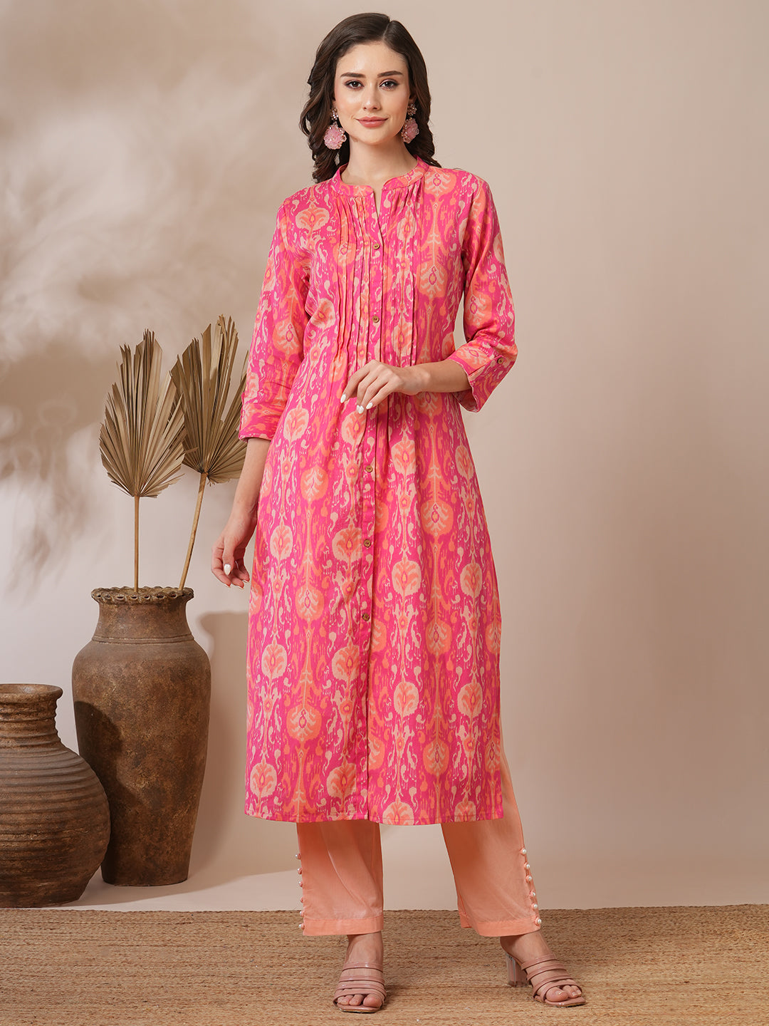 Ethnic Ikat Printed A-Line Pin Tucked Kurta - Pink