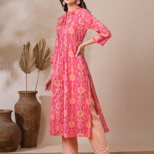 Ethnic Ikat Printed A-Line Pin Tucked Kurta - Pink