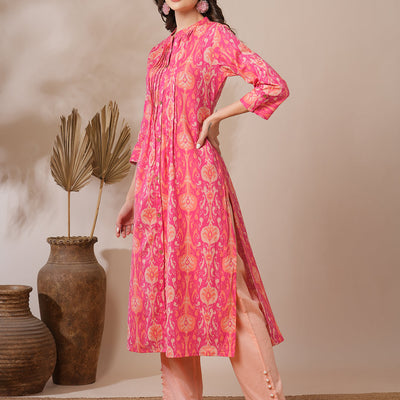 Ethnic Ikat Printed A-Line Pin Tucked Kurta - Pink