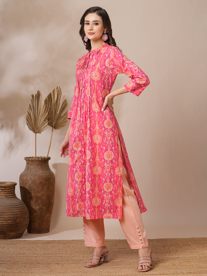 Ethnic Ikat Printed A-Line Pin Tucked Kurta - Pink