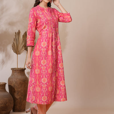 Ethnic Ikat Printed A-Line Pin Tucked Kurta - Pink
