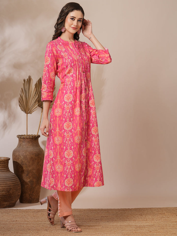 Ethnic Ikat Printed A-Line Pin Tucked Kurta - Pink