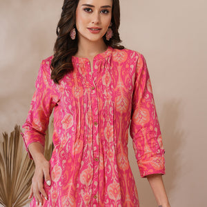 Ethnic Ikat Printed A-Line Pin Tucked Kurta - Pink