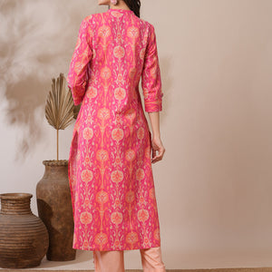 Ethnic Ikat Printed A-Line Pin Tucked Kurta - Pink