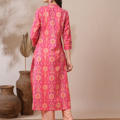 Ethnic Ikat Printed A-Line Pin Tucked Kurta - Pink